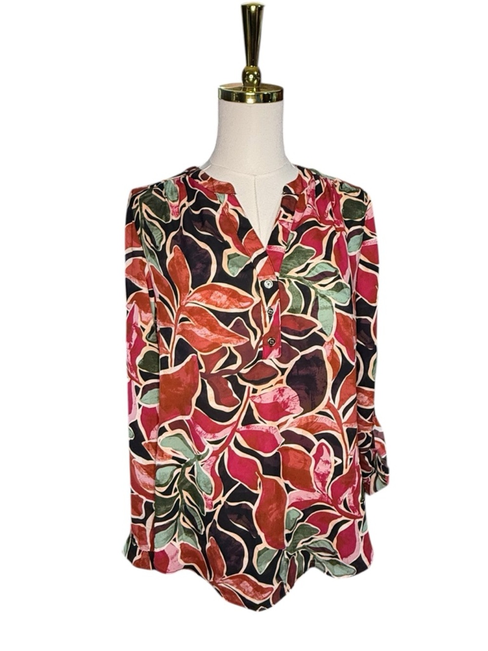 Zac & Rachel Sangria Henna Green Floral Blouse Top Size S Pink Green Brown Cream